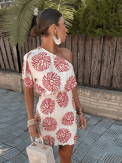 Alexa™ | Summer One-Shoulder Coral Print Dress