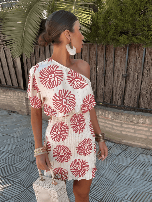Alexa™ | Summer One-Shoulder Coral Print Dress