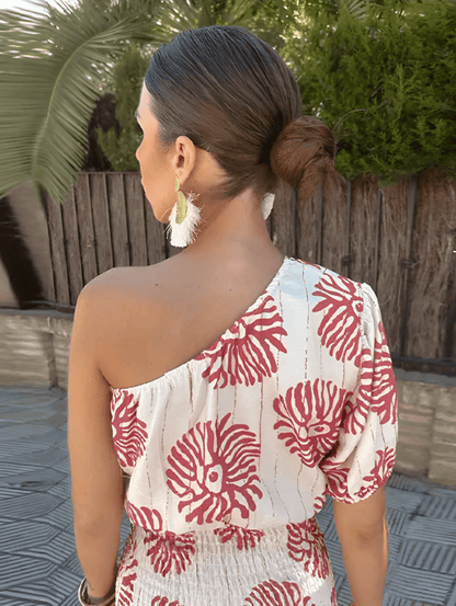 Alexa™ | Summer One-Shoulder Coral Print Dress